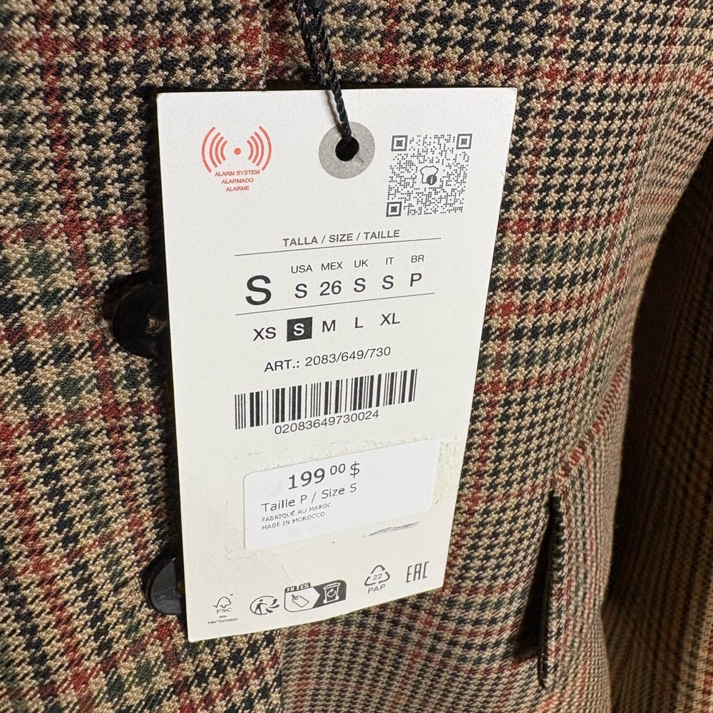 ZARA NWT Brown Tweed Plaid  Fitted Blazer in Sz S - Picture 6 of 10